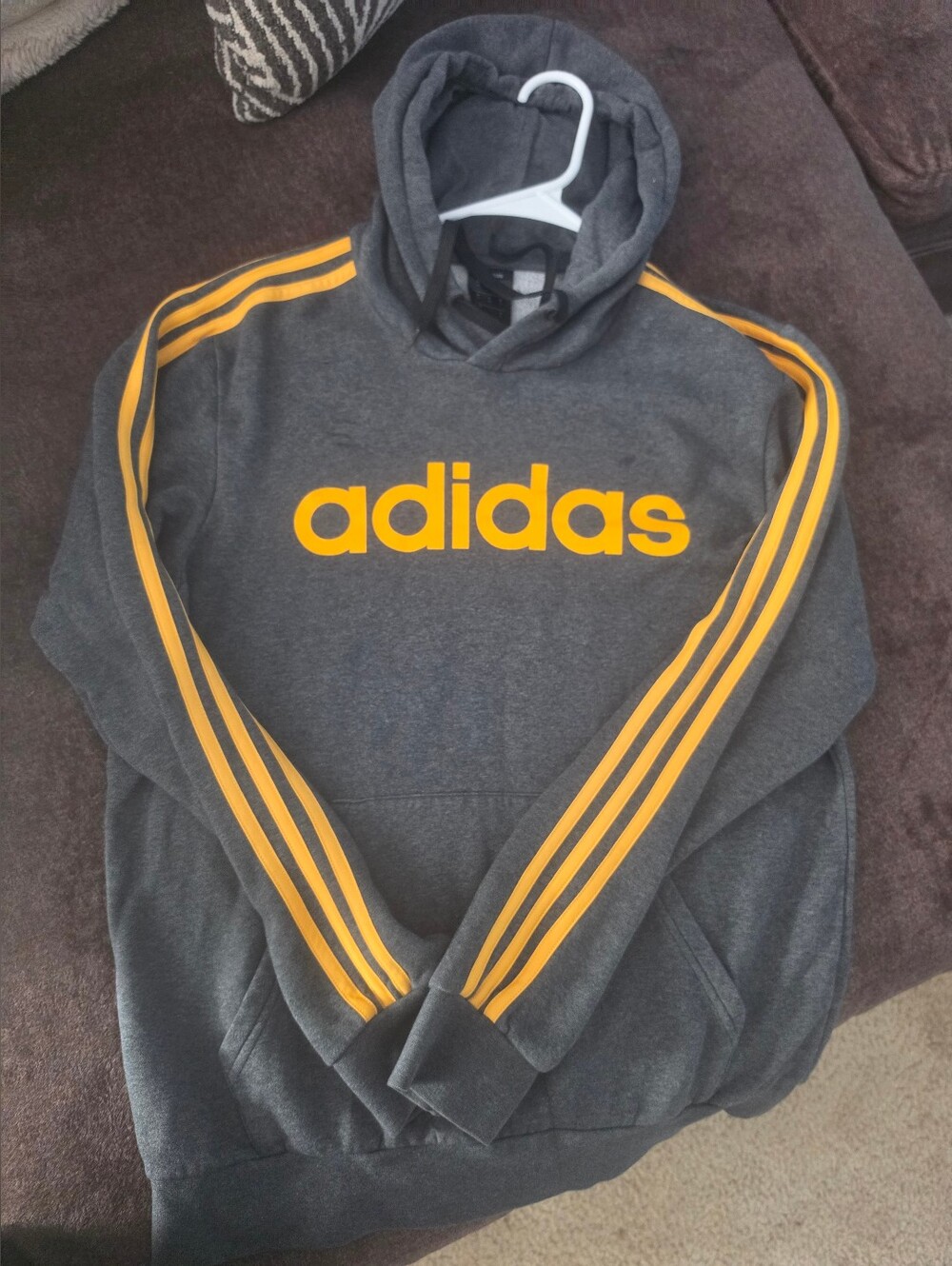 adidas Dark Gray Hoodie with Yellow Logo and Stripe Accents